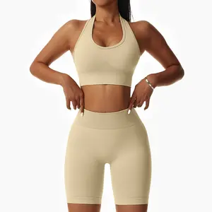 Женская одежда для фитнеса, бесшовные костюмы для йоги, облегающие спортивные костюмы для бега и бега с лямкой на шее, бюстгальтер, штаны и шорты для йоги