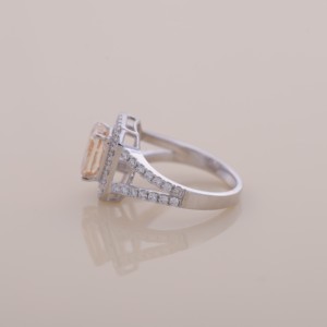 IGI Certified Radiant Cut Peach Diamond Halo Engagement & Wedding <b>Ring</b> in 14K White / Rose & Yellow Gold - Product Image 2