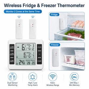 Draadloze koelkast- en vriezerthermometer met 2 sensoren, <span class=keywords><strong>alarm</strong></span> voor hoge en lage temperaturen, bereik 100m, 24 uur max/min geheugen - Product Image 1