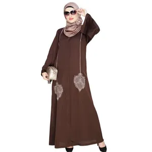 Bloemen Dubai Stijl Geborduurd Linnen Bescheiden Abaya Moderne Causale Kalkoenstijl Abaya Front Open Abaya Moslim Bescheiden Jurk Hot