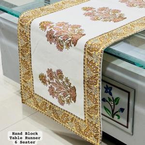 Caminos de mesa impresos con bloques de mano de tela de lona de algodón hechos a medida para hogar y hoteles para mesa de 6 plazas con pequeños motivos florales - Product Image 1