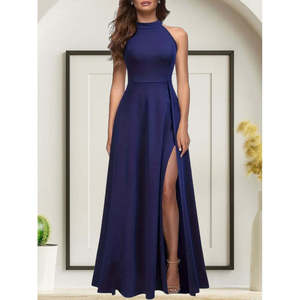 Vestido Maxi de Crepé Importado sin Mangas con Cuello Halter y Abertura Profunda para Mujer de Jane's, Ideal para Eventos Nocturnos Elegantes - Product Image 1