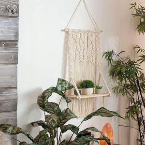 Handmade Macrame Wall <b>Shelf</b> Wooden Double Tier Boho Style Display <b>Rack</b> for Stuffed Toys Bedroom Decor - Product Image 4