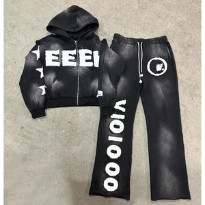 Personalizado Sun Fad Bordar Distress Chándal Jogger Pantalones de chándal y cremallera Sudadera con capucha Sun Fade Chándal Jogger Set Hombres - Product Image 4