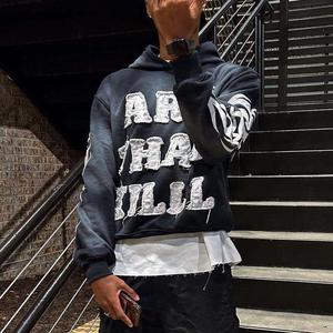 Parche personalizado trabajo sudaderas con capucha Streetwear de gran tamaño pulóver sudaderas con logotipo bordado ácido lavado diseño al por mayor - Product Image 3