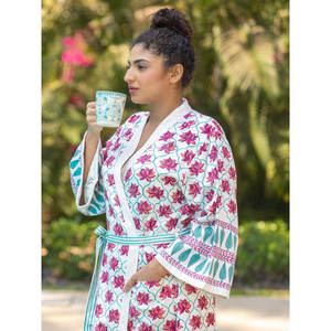 Albornoz de Lujo de Algodón Estampado a Bloques para la Familia, con Cordón y Diseño Floral, Ropa de Casa - Product Image 4