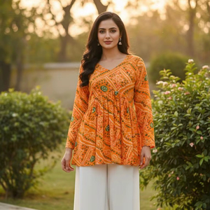 Latest Formal Long Sleeve Printed Women's Ready-Made Chinon <b>Kurti</b> with Inner Quick Dry - Product Image 3