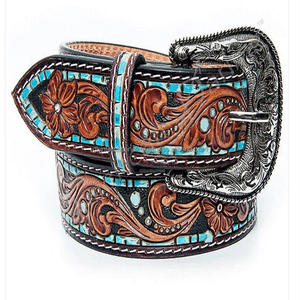 Cinturón de herramientas de cuero occidental decorativo con piedras turquesas en relieve de hoja tallada a mano para hombre con conjunto de hebilla de acabado antiguo clásico - Product Image 2