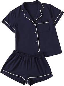 Pijama de dos piezas de algodón con cuello entallado y manga corta para mujer - Product Image 5