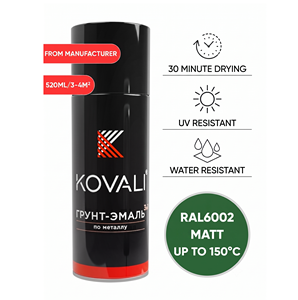 KOVALI 3 en 1 Aérosol Spray Apprêt Émail Protection Anti-Rouille et Anti-Corrosion Métal Bois Béton Vert Feuille Mat RAL 6002 520ml - Product Image 1