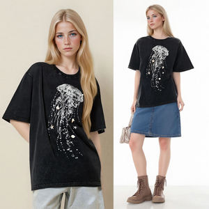 T-shirt Hip Hop 100% coton pour dames Long Heavyweight Round-Neck Breathable Loose Dropped-Shoulder Half Plain Dyed Print Short - Product Image 4