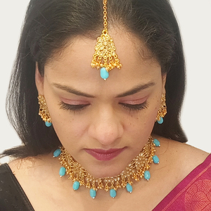 Indian Crystal Kundan Faux <b>Pearl</b> Choker <b>Necklace</b> Set with <b>Drop</b> Earrings Maangtikka Head Chain Bridal Jewellery for Women - Product Image 4