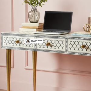 Thủ công xương Inlay nghiên cứu bàn với ngăn kéo và lưu trữ hình học mô hình bằng văn bản bảng có tính năng chân đồng và bề mặt gỗ - Product Image 3