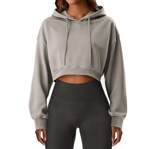 Sudadera Corta con Capucha para Mujer, Color Gris Sólido, Manga Larga, Tejido de Algodón, Ropa de Otoño - Product Image 1