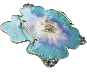Flower Shape Decorative Border Resin Tray Gold Polished Metal Handle Top Grade Serving Platter New Arrival Resin Tray - Product Image 5