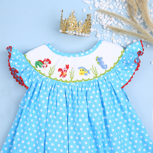knee length dresses for ladies Girl's Marine Mermaid Smocked Bishop Dress in Aqua Size 6