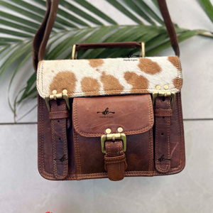 กระเป๋าถือหนังวัวขนเฟอร์สำหรับผู้หญิง, กระเป๋าหนังแท้แบบตะวันตกเปิดไหล่กระเป๋าพาดลำตัวสีน้ำตาล - Product Image 1