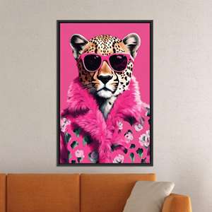 Leopard in Pink Fur Printed <b>Canvas</b> Art: Modern Pop Decor,BLACK <b>FRAMED</b> <b>CANVAS</b> - Product Image 1