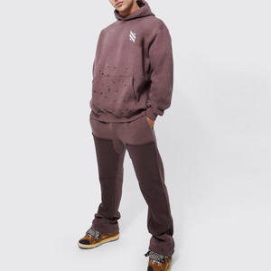 Nuevo patrón sólido de moda desgastado manga larga chándales de invierno 100% algodón polar transpirable Streetwear conjuntos - Product Image 1