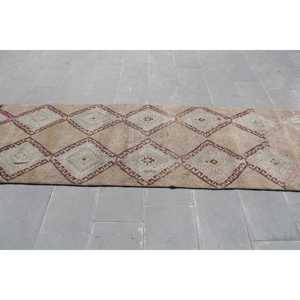 Vintage Rug, 3x9.7 ft Turkish Rug, <b>Brown</b> Floral <b>Wool</b> Rug - Product Image 3