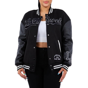 Chaqueta Universitaria para Mujer, Negra, con Bordado LA, Manga Larga, Cuello Camisero, Material de Poliéster, para Otoño - Product Image 1