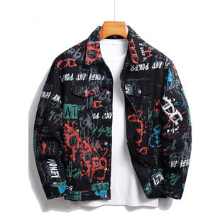 Veste en jean pour hommes coupe ample avec lettre imprimée coton foncé Graffiti veste colorée fête rappeur Style bouton poche - Product Image 1
