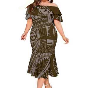 Robe de bal longue à queue de poisson à épaules dénudées à double volant à imprimé tribal polynésien, robe élégante pour femmes, design personnalisé - Product Image 2