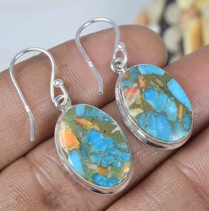 Oyster cuivre Turquoise 925 argent Sterling pierres précieuses crochet boucles d'oreilles décembre pierre de naissance bijoux faits à la main forme ovale cadeau pour elle - Product Image 2