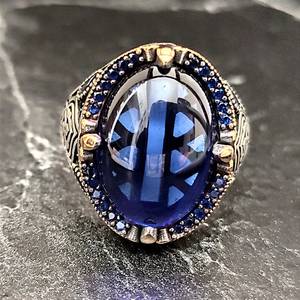 Anillo de Plata de Ley 925 de Estilo Vintage para Hombre con Gema de Zafiro Azul Oscuro, Anillo Hecho a Mano de Estilo Étnico - Product Image 2