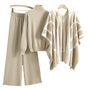 ชุดสูทแฟชั่นฤดูใบไม้ร่วงฤดูหนาวของผู้หญิงชุดเสื้อสเวตเตอร์แบบสวมศีรษะคอสูง3ชิ้นเสื้อกั๊กถักคอวีชุดกางเกงเอวยางยืดทรงหลวม - Product Image 4