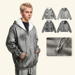 Street Style Vintage Spray Couleur Logo Personnalisé Hommes À Capuche Poids Lourd 345gsm Rembourré Coton Zip Hommes Hoodies DDP Expédition - Product Image 3