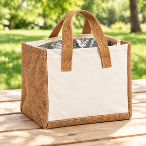 Bolsa Térmica para Almuerzo de Lona de Yute Natural 10x8.5x7, 310 GSM, con Logotipo Personalizado, Cierre de Cremallera, Porta Comida, PriGlob Exim - Product Image 6