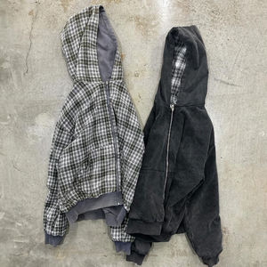 Custom Acid Wash Double Layer hoodie Reversible <b>Zip</b> <b>up</b> Plaid Cropped Boxy fit Hoodie <b>Jacket</b> for Men - Product Image 1