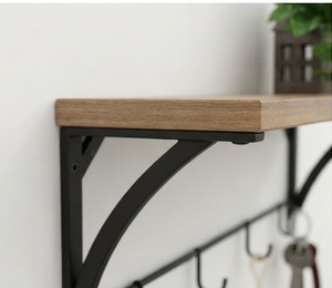 Handmade Eco-Friendly Mango Wood Wall <b>Shelf</b> with <b>Hooks</b> for Keys Minimalist Design Rectangle Shape Durable Material Multifunction - Product Image 2