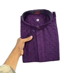 Trabajo de bordado de pollo en tela de rayón Luckhnowi Kurta pijama para hombres - Product Image 5
