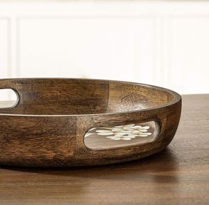 Plateau rond en bois de manguier fabriqué à la main Beau design avec des fleurs peintes à la main Vaisselle élégante pour servir et ranger - Product Image 2