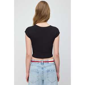 T-shirt court décontracté pour femme, été, coupe ajustée, manches courtes, taille XS, coton respirant avec élasthanne, décoration lettres - Product Image 5