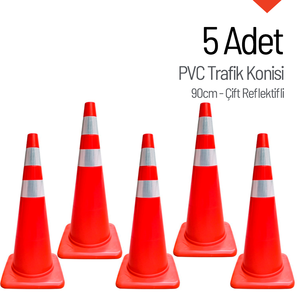 Ensemble de 5 cônes de signalisation en PVC de 90 cm, doublement réfléchissants, en matériau PE, pour la sécurité routière et la circulation, avec bande réfléchissante - Product Image 1