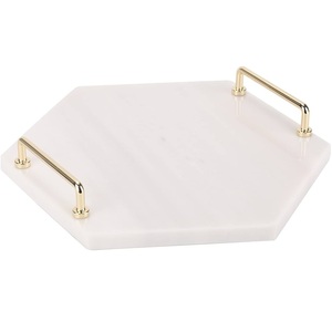 Round White Marble Serving Tray New Customized Fashionable Trending Design Metal <b>Gold</b> Finishing Handle Low Cost - Product Image 2