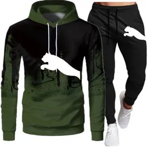 Chándal de invierno OEM de algodón para hombre, Sudadera con capucha de retazos estampada y pantalón acampanado, conjunto de chándal apilado de dos piezas - Product Image 5