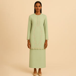 Broderie deux pièces modeste Baju Kurung ensemble Style floral fait à la main et respirant pour les mariages Ramadan et Eid grande taille - Product Image 4