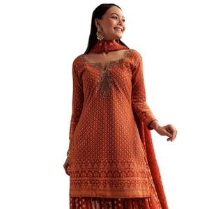 Ensemble Lucknowi miroir orange Zardosi Kurta Palazzo Dupatta vente en gros de vêtements ethniques pour femmes tenue de fête personnalisée de fournisseur d'usine OEM - Product Image 4