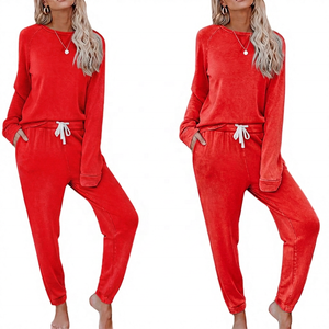 Ensemble de survêtement décontracté pour femmes, couleur unie, manches longues, col rond, pantalon à cordon avec poches latérales, coupe ample, vêtements d'automne - Product Image 5