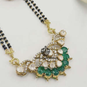 Elegant Green Emerald Stone Mangalsutra Necklace Traditional Bridal Black Bead Jewelry For Women Wedding Wear - Product Image 5