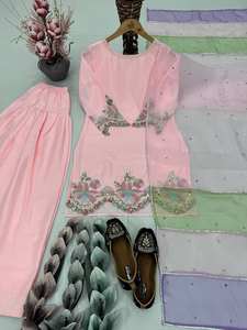 high quality pink and <b>peach</b> <b>top</b> palazzo in crepe fabric with Embroidered and pearls hand work for Indian Pakistani womens wear - Product Image 4