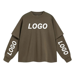 Camiseta corta cuadrada de manga larga con gofres para hombre, ropa de calle personalizada, camiseta de doble capa rasgada de algodón holgada de Hip Hop Vintage - Product Image 1