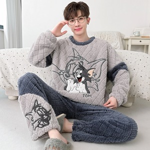Pyjamas d'automne et d'hiver en gros d'inventaire d'usine, ensembles de vêtements de maison de grande taille en molleton de corail <span class=keywords><strong>chaud</strong></span> pour hommes - Product Image 5