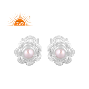 Handmade 925 Fine Sterling <b>Silver</b> Natural <b>Pearl</b> Floral Design Stud <b>Earring</b> Jewelry For Women Gift For Her - Product Image 1