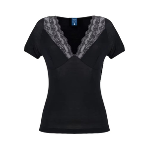 Camiseta Elegante de Mujer con Cuello en V, de Lana y Seda, con Tejido Elástico de Encaje, Antibolitas, Hecha en Italia - Product Image 1
