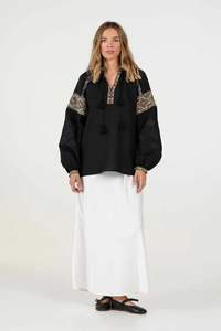 Neck Front <b>Lace</b> up <b>Navy</b> Color Embroidery Casual Fashion <b>Tops</b> Blouse for Women - Product Image 4